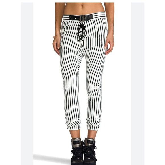 One Teaspoon Pants - One Teaspoon Babylon Jogger Women XS Black White Stripe Belted Tie Stretch Pants